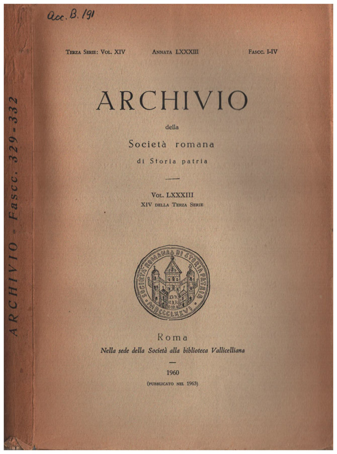 Archivio della Società romana di Storia patria. Vol. LXXXIII Anno …