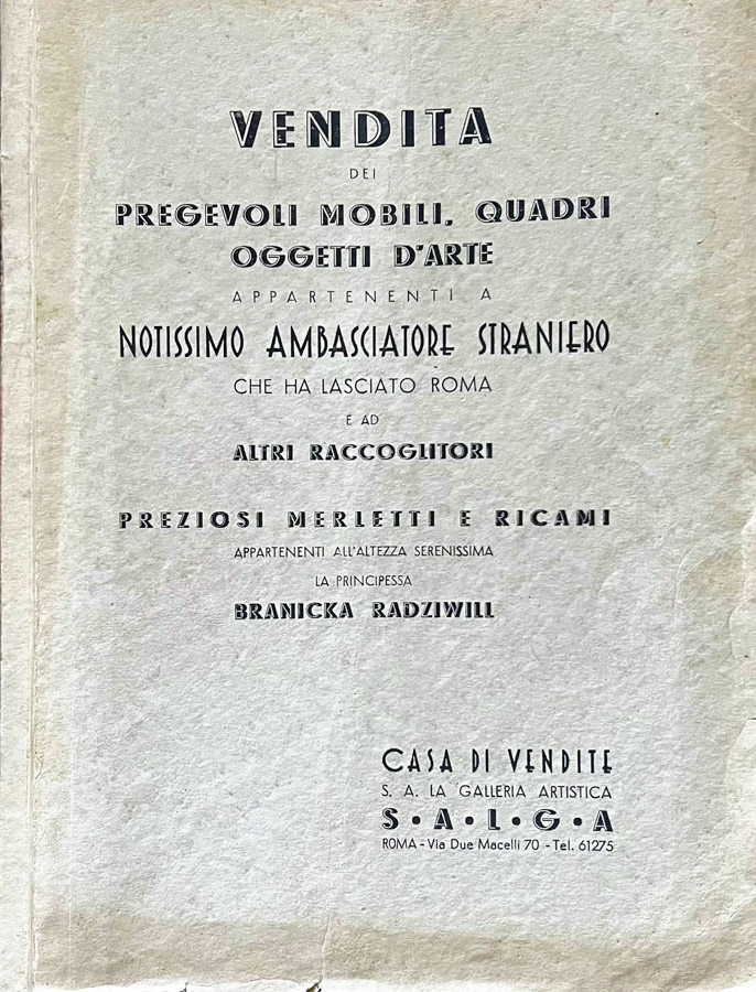 Vendita dei pregevoli mobili, quadri, oggetti d'arte appartenenti a notissimo …