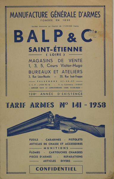 Manufacture générale d’armes Balp & cie - tarif n° 141 …