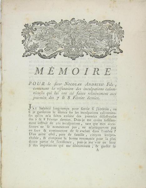 MEMOIRE POUR LE SIEUR NICOLAS ANDRIEU FILS, contenant la réfutation …