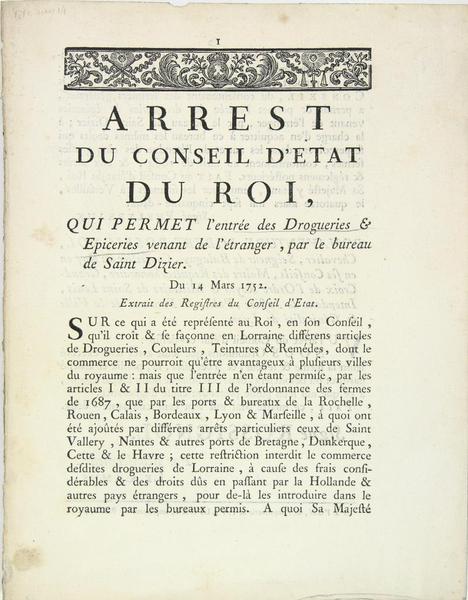 ARREST DU CONSEIL D’ETAT DU ROI, qui permet l’entrée des …