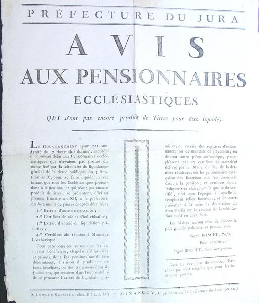 Avis aux pensionnaires ecclésiastiques qui n’ont pas encore produit de …