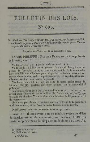 Ordonnance du Roi qui ouvre, sur l’exercice 1839, un Crédit …