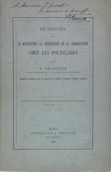 Recherches sur la maturation, la fécondation et la segmentation chez …