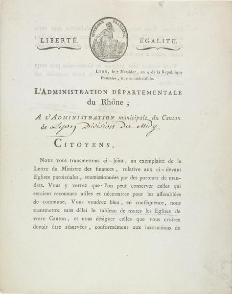L'Administration départementale du Rhône ; à l'Administration municipale du Canton …
