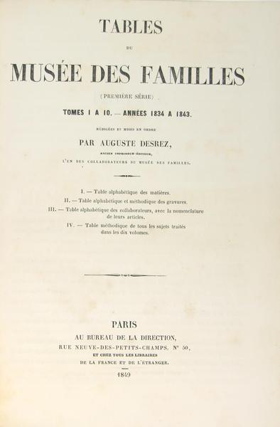 Tables du Musée des Familles (première série) Tome 1 à …
