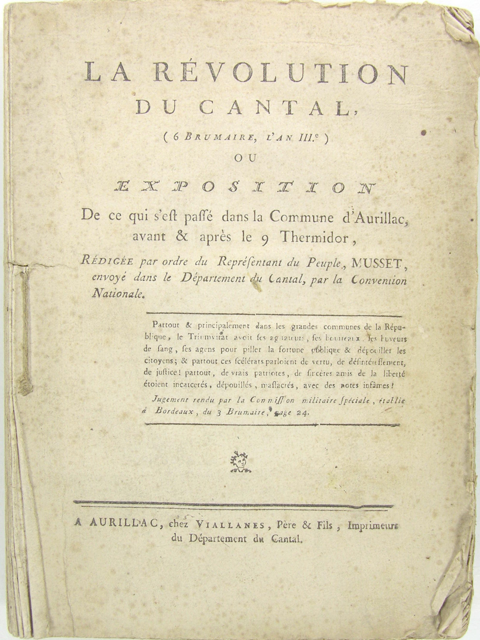 La révolution du Cantal (6 Brumaire, l'an III) ou Exposition …