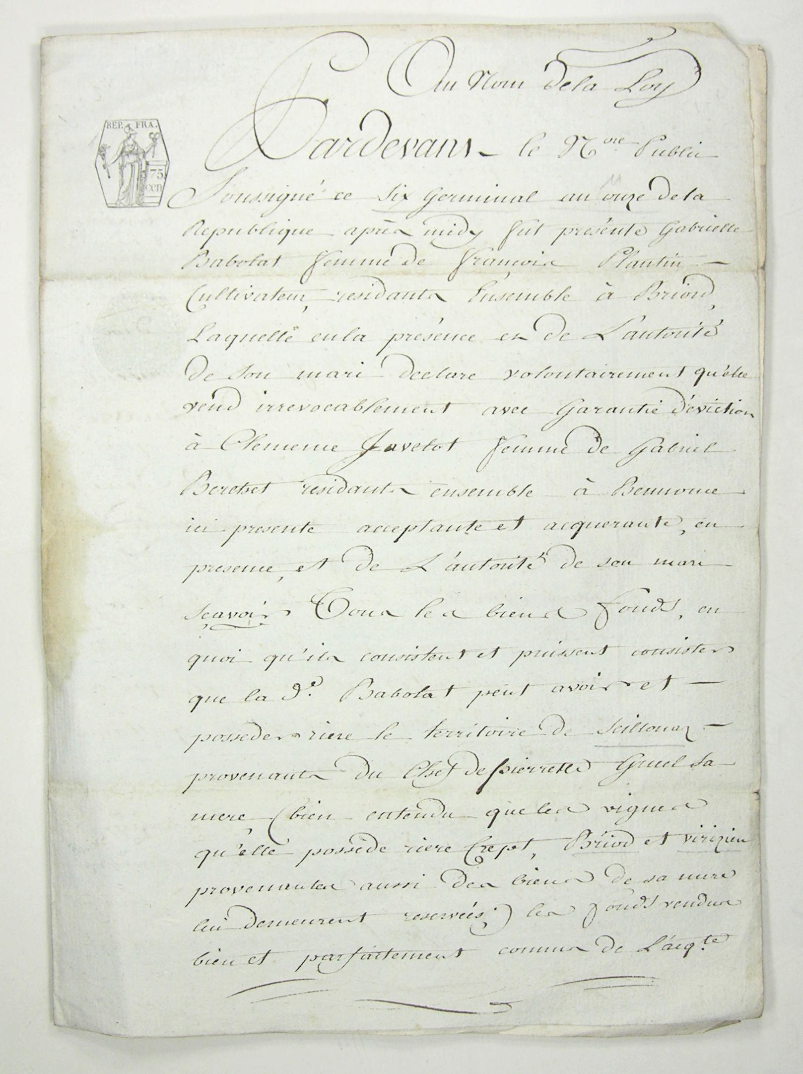 Manuscrit Acte de vente 1803, à Serrière de Briord (Virizieu, …