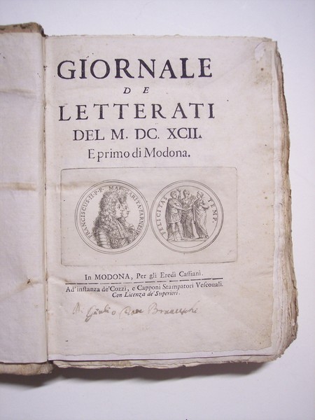 Giornale de Letterati del M.DC.XCII (1692) e primo di Modona.