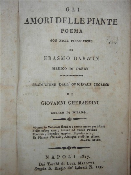 GLI AMORI DELLE PIANTE. Poema con note filosofiche di… Medico …