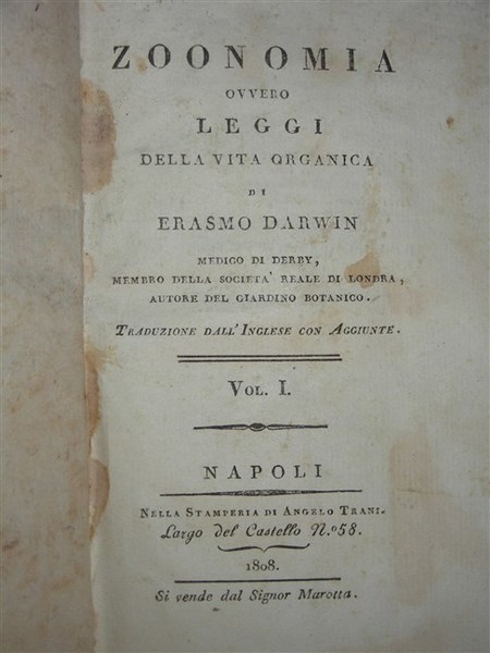 ZOONOMIA ovvero Leggi della vita organica di. Medico di Derby.