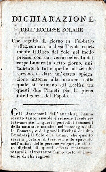 DICHIARAZIONE DELL'ECCLISSE SOLARE che seguirà il giorno 11 Febbrajo 1804.