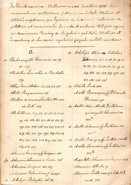 MANOSCRITTO recante il titolo SAGGIO DI UN INDICE al Memoriale …