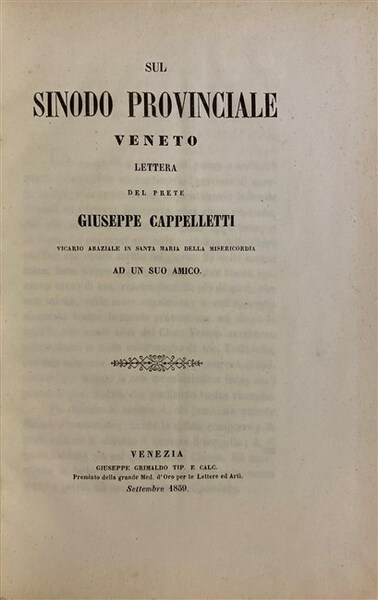 SUL SINODO PROVINCIALE VENETO. Lettera del prete. Vicario abaziale in …