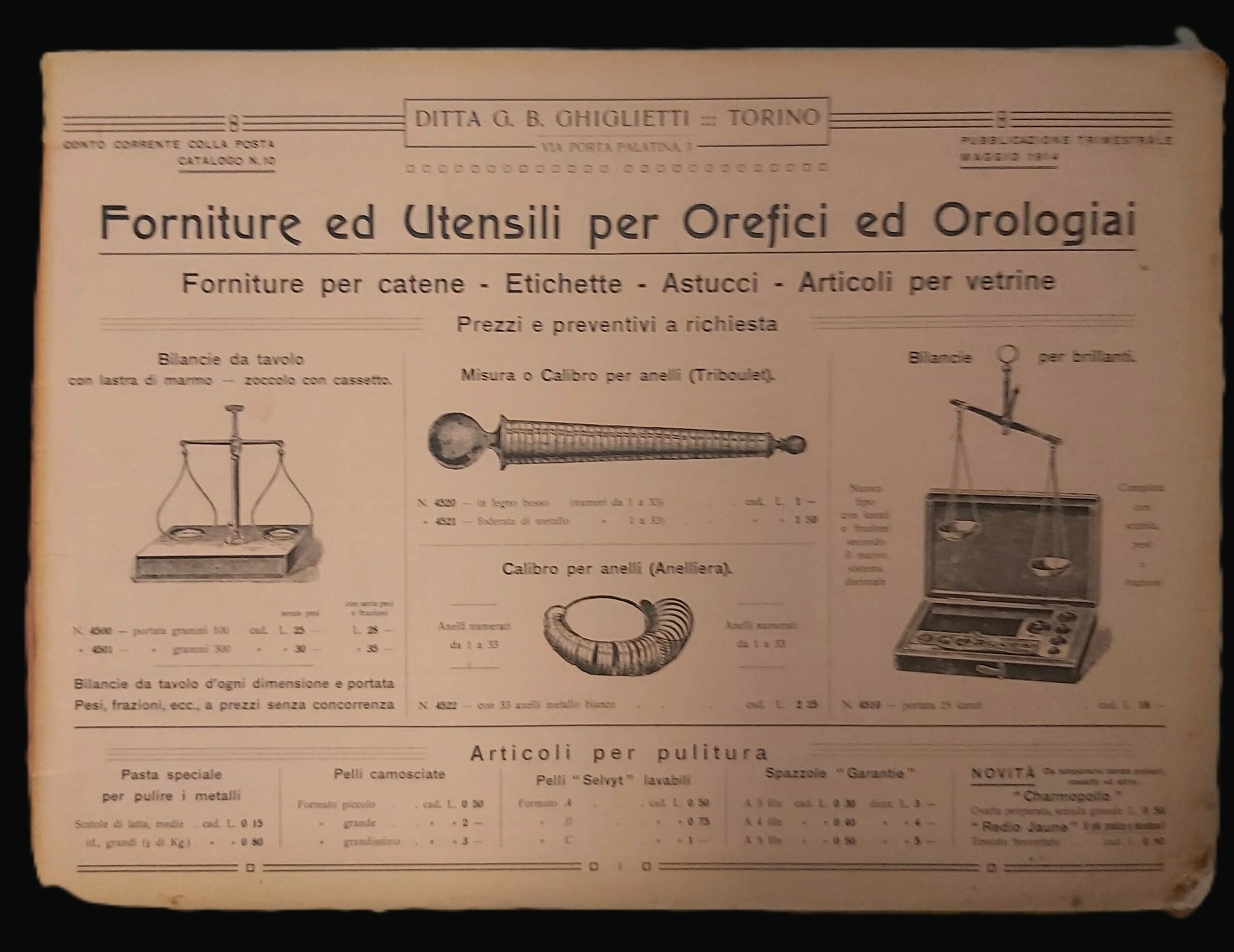 DITTA G.B. GHIGLIETTI Torino. CATALOGO GENERALE OROLOGERIA. Forniture ed utensili …