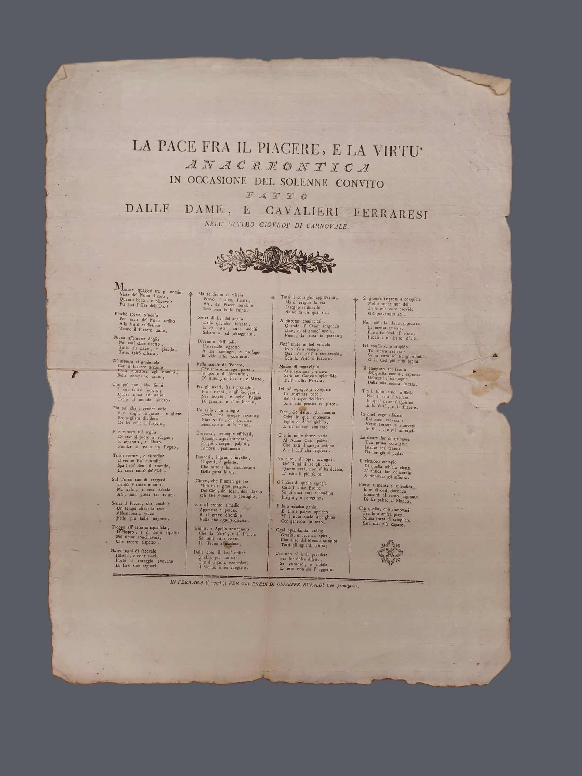 LA PACE FRA IL PIACERE E LA VIRTU’. Anacreontica in …