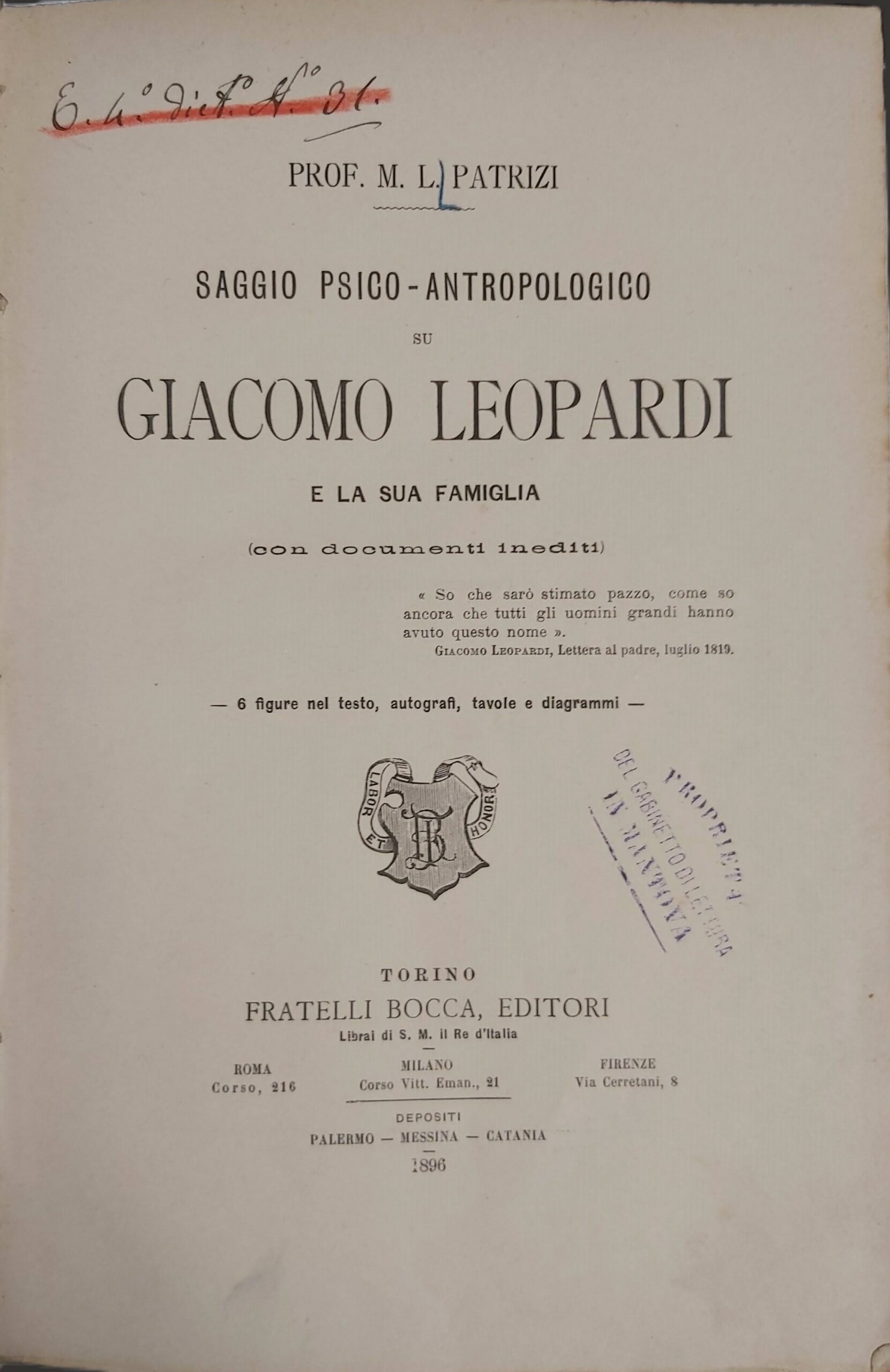 SAGGIO PSICO-ANTROPOLOGICO su Giacomo Leopardi e la sua famiglia (con …