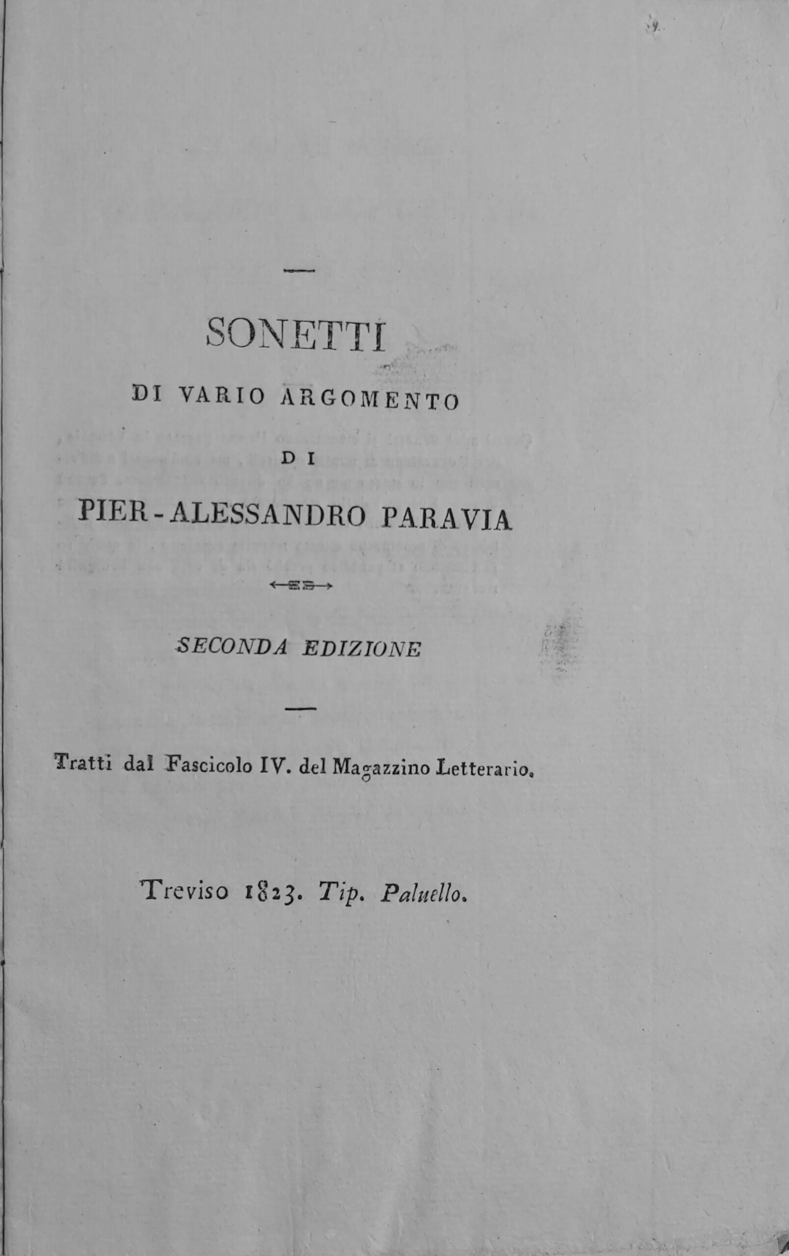 SONETTI DI VARIO ARGOMENTO di. Seconda edizione. Tratti dal Fascicolo …