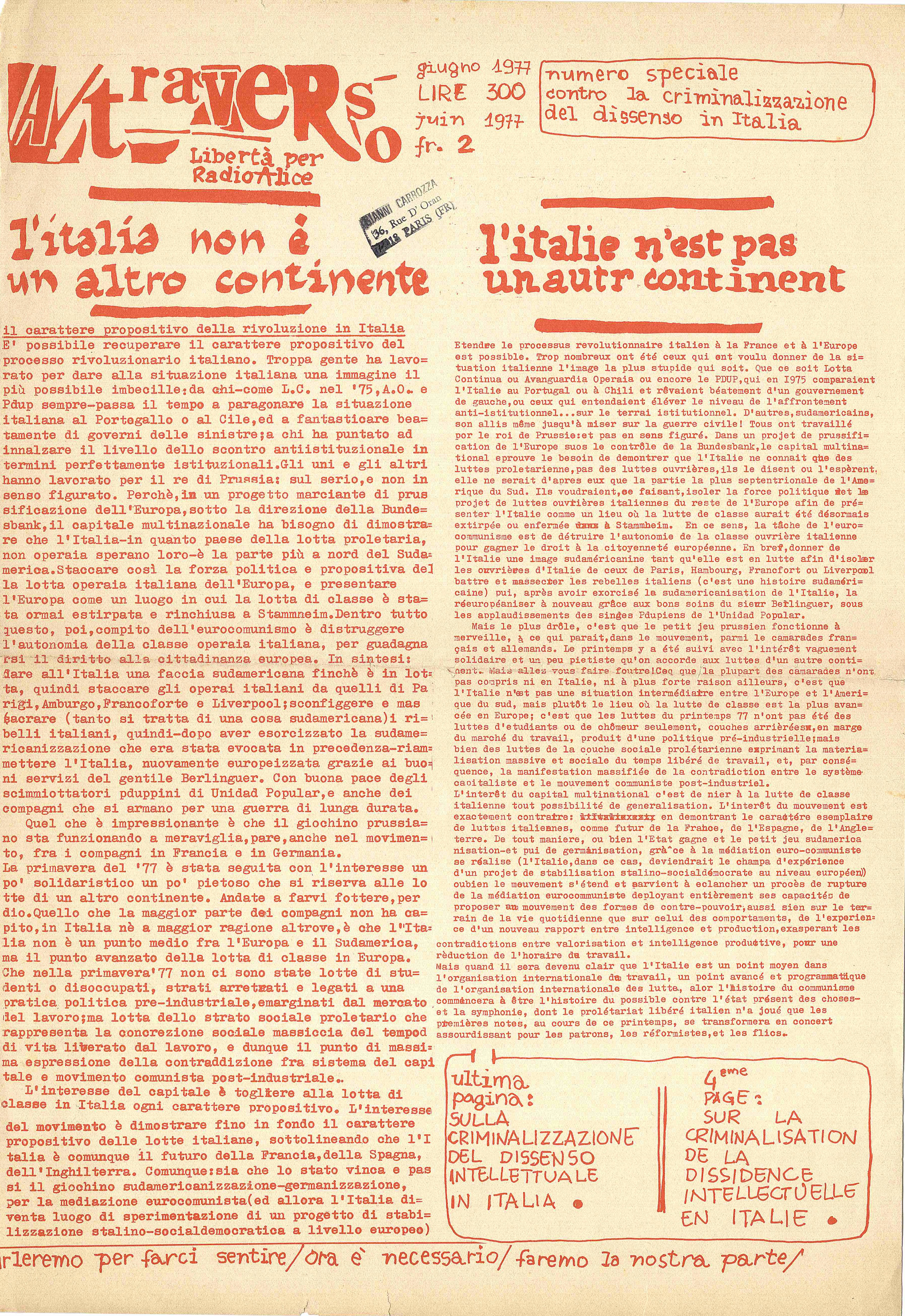 A/traverso. Libertà per Radio Alice. Rivista per l'autonomia N. 2. …