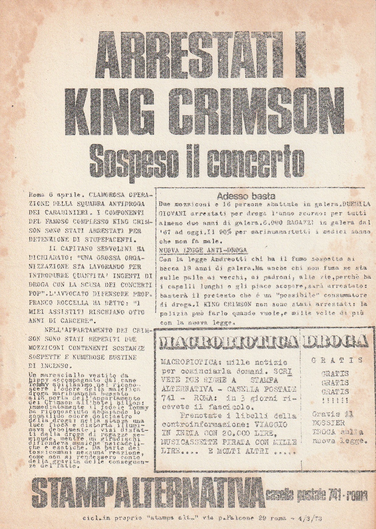 Arrestati i King Crimson. Sospeso il concerto