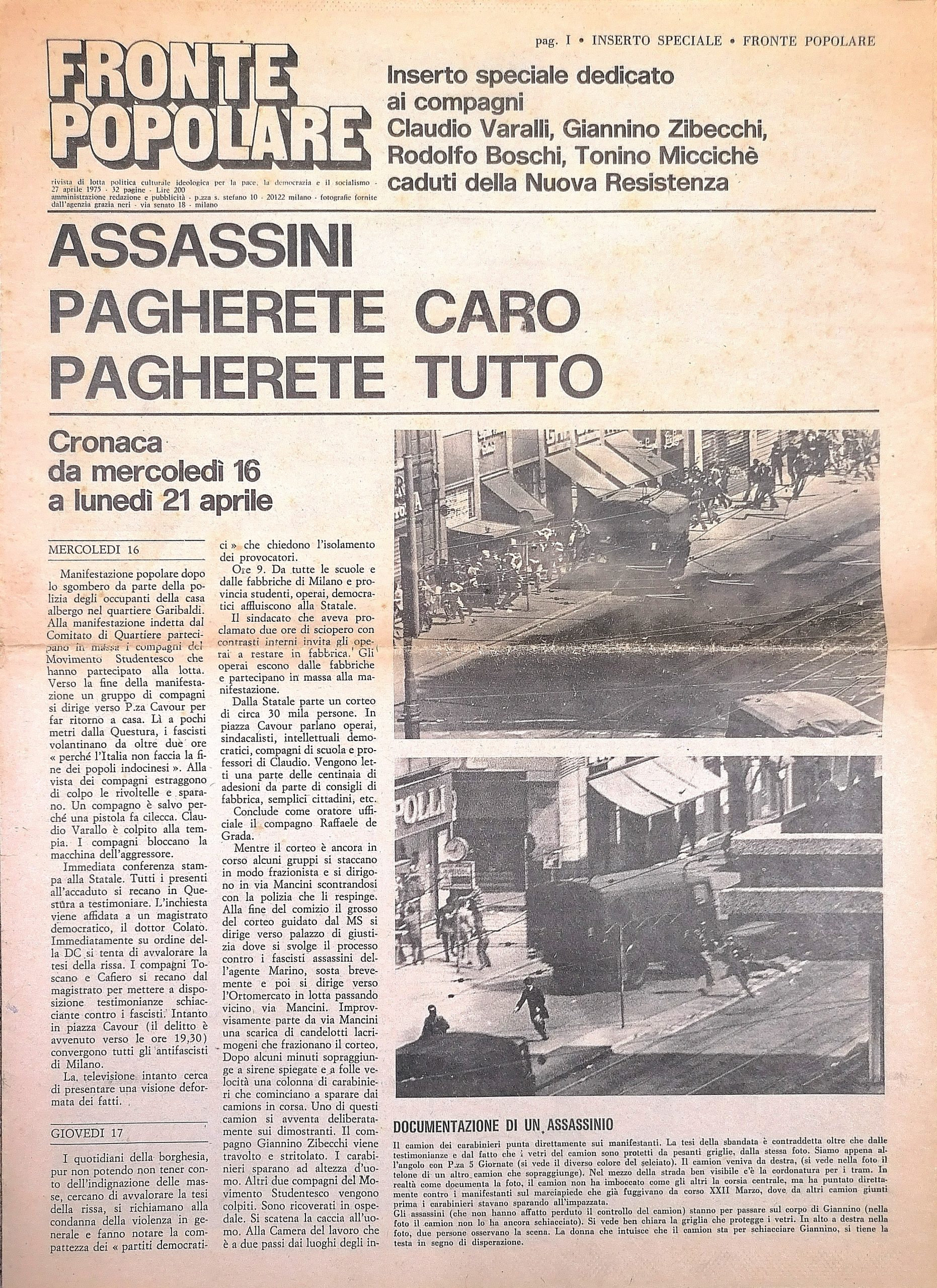 Assassini. Pagherete caro pagherete tutto. Fronte Popolare. Rivista di lotta …