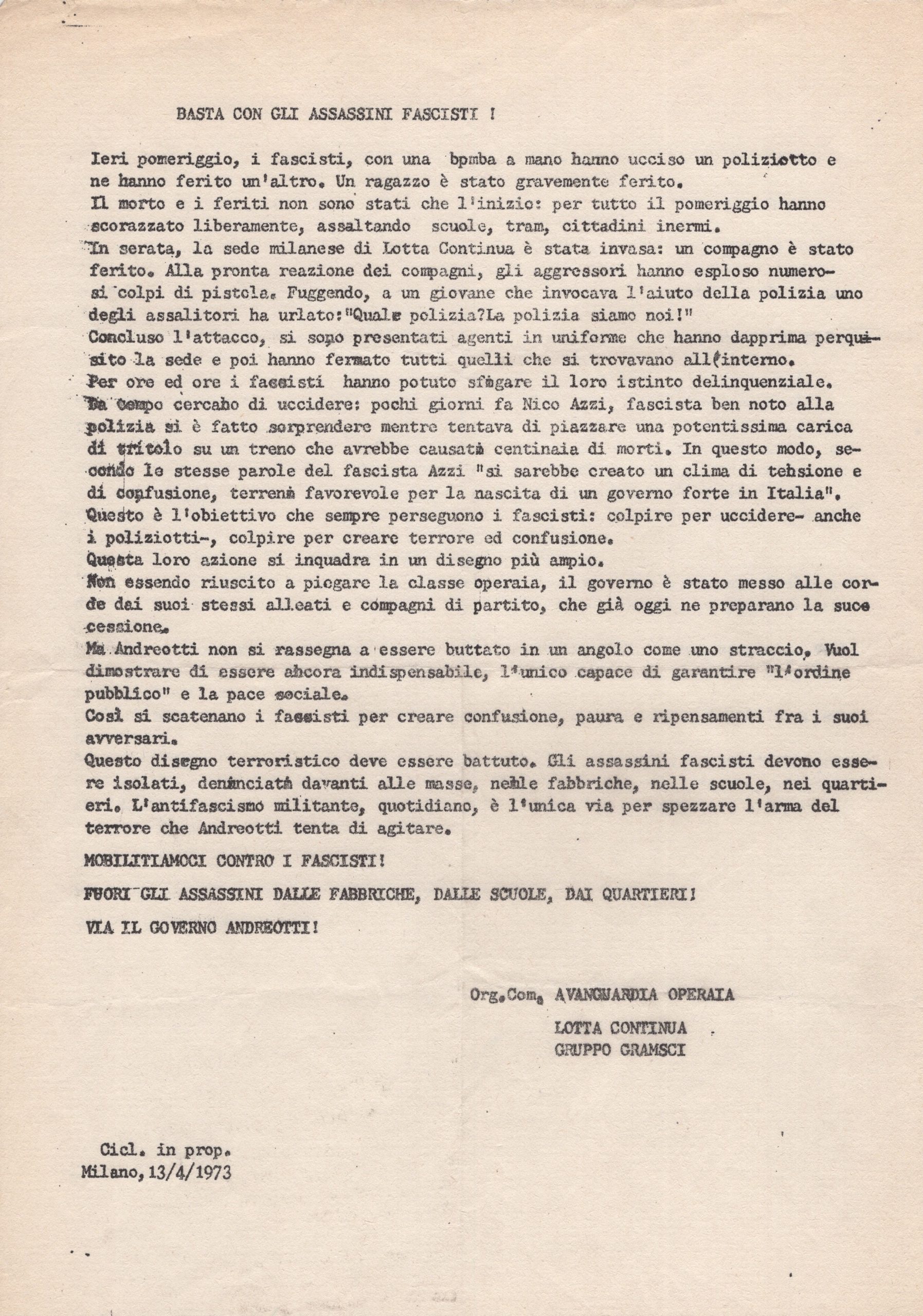 Basta con gli assassini fascisti! Volantino