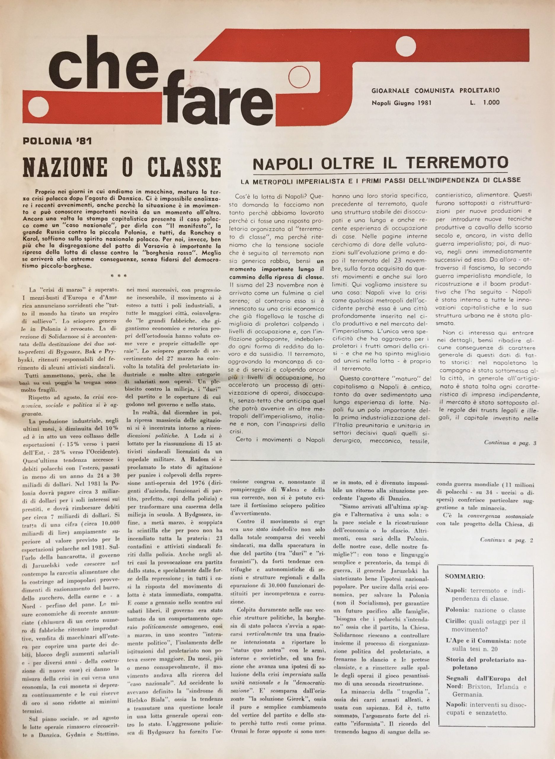 Che fare. Giornale comunista proletario. No. 4. Giugno 1981