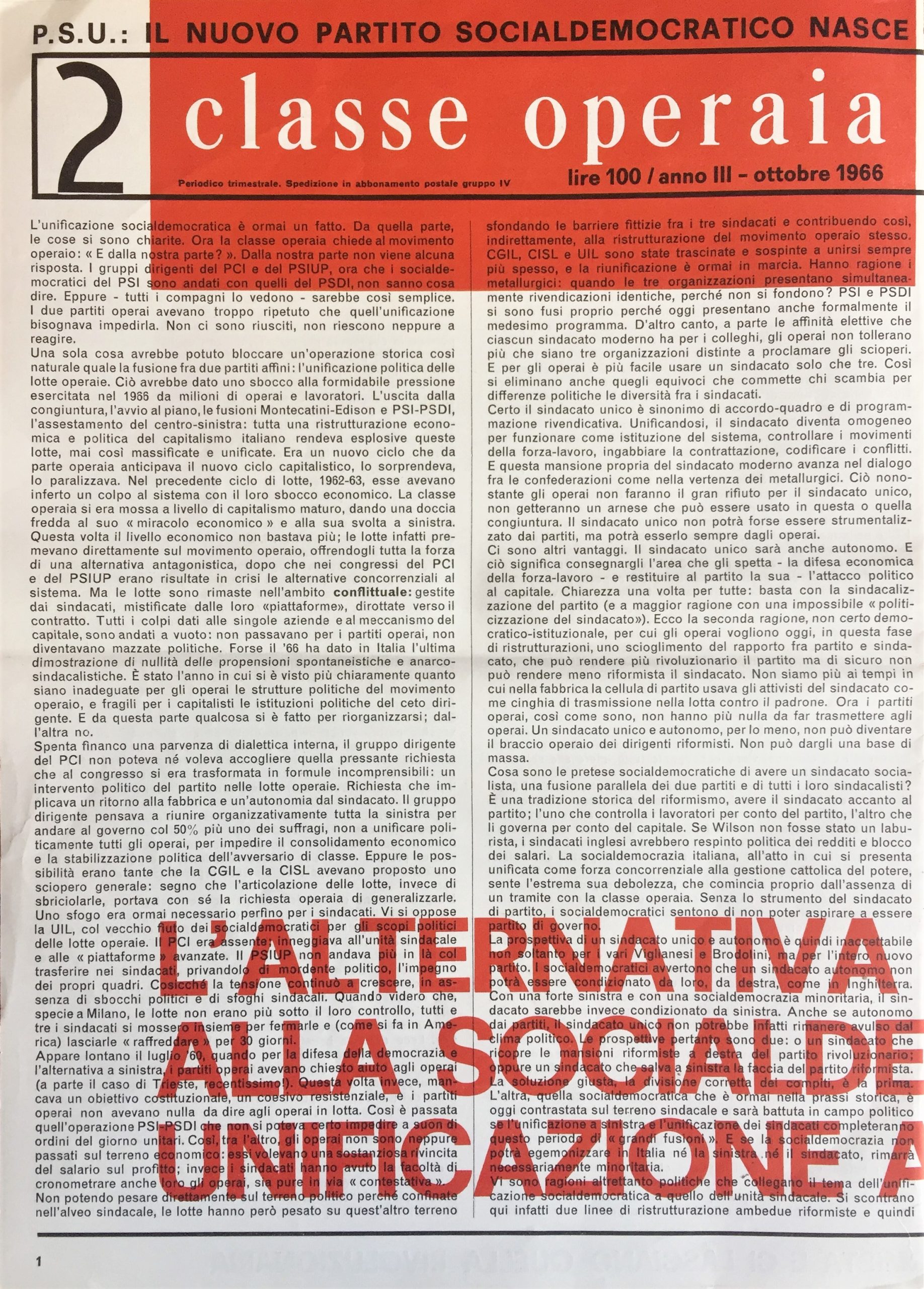 Classe operaia. Periodico politico. Anno III No. 2. Ottobre 1966