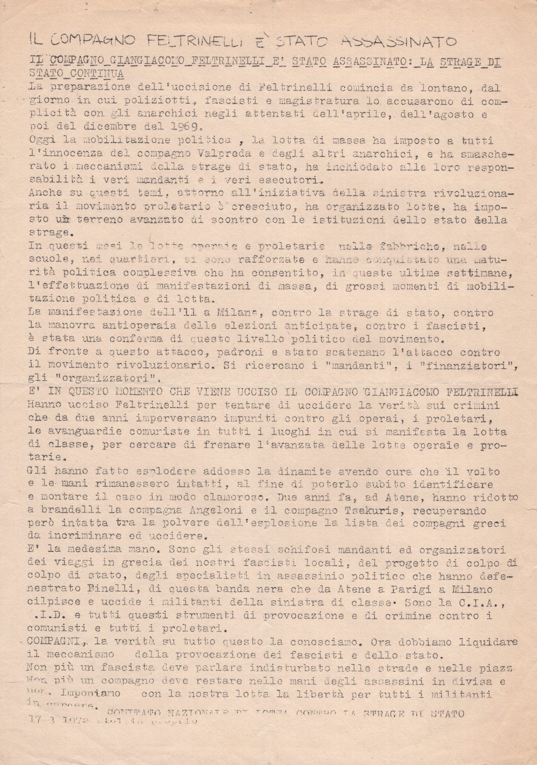 (Feltrinelli) Il compagno Feltrinelli è stato assassinato: la strage di …