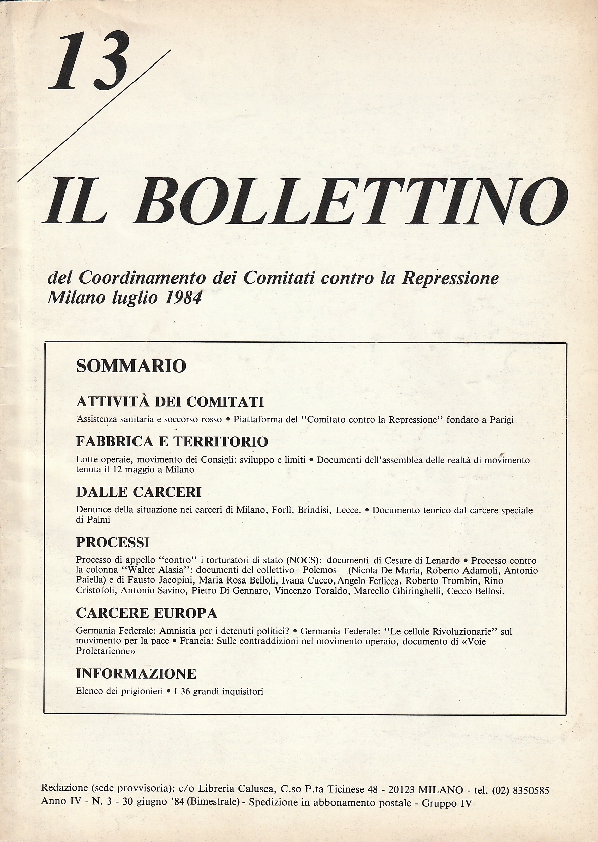 Il Bollettino del Coordinamento dei Comitati contro la Repressione. Milano …