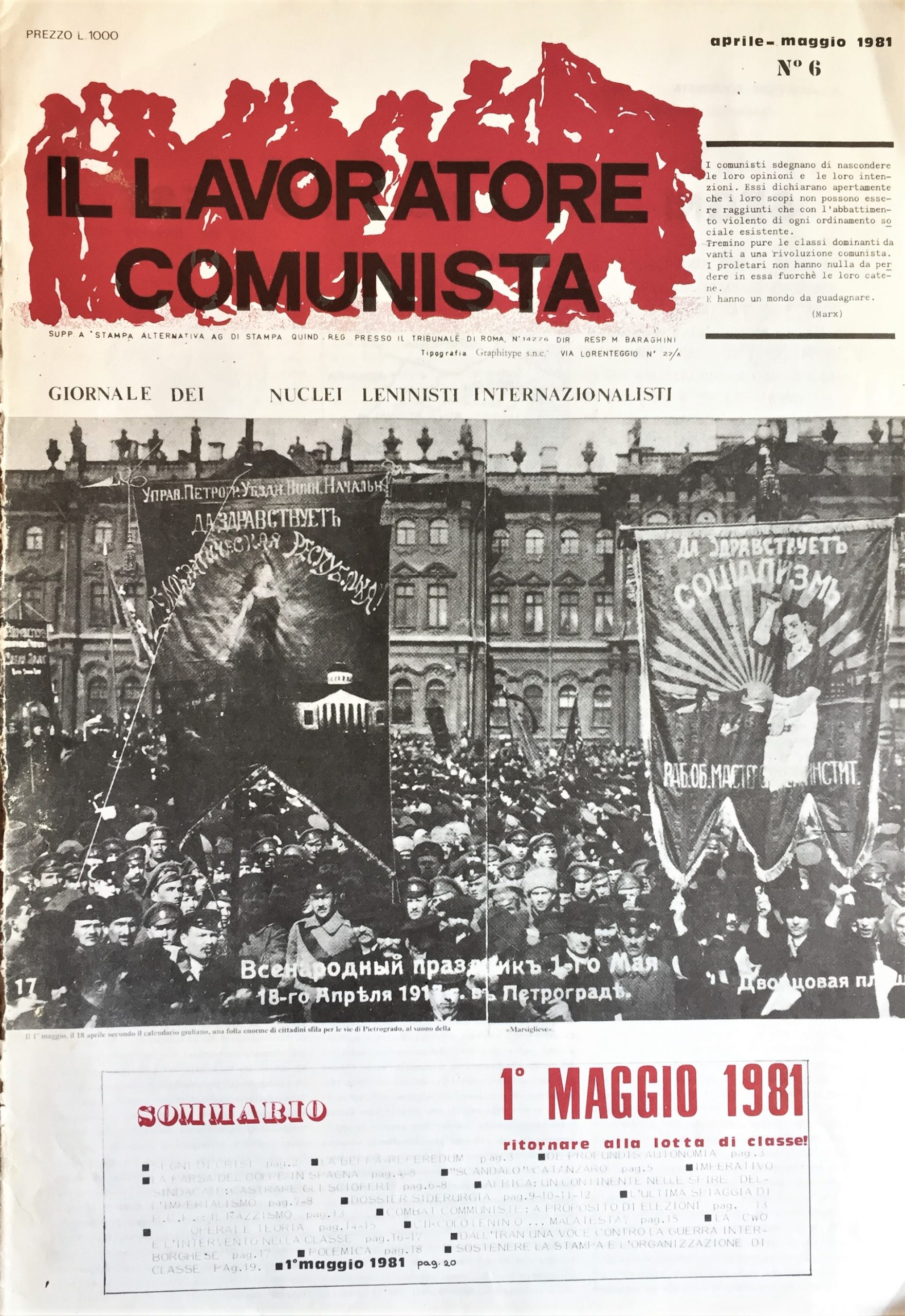 Il lavoratore comunista. Giornale dei nuclei leninisti internazionalisti. Aprile-Maggio 1981. …