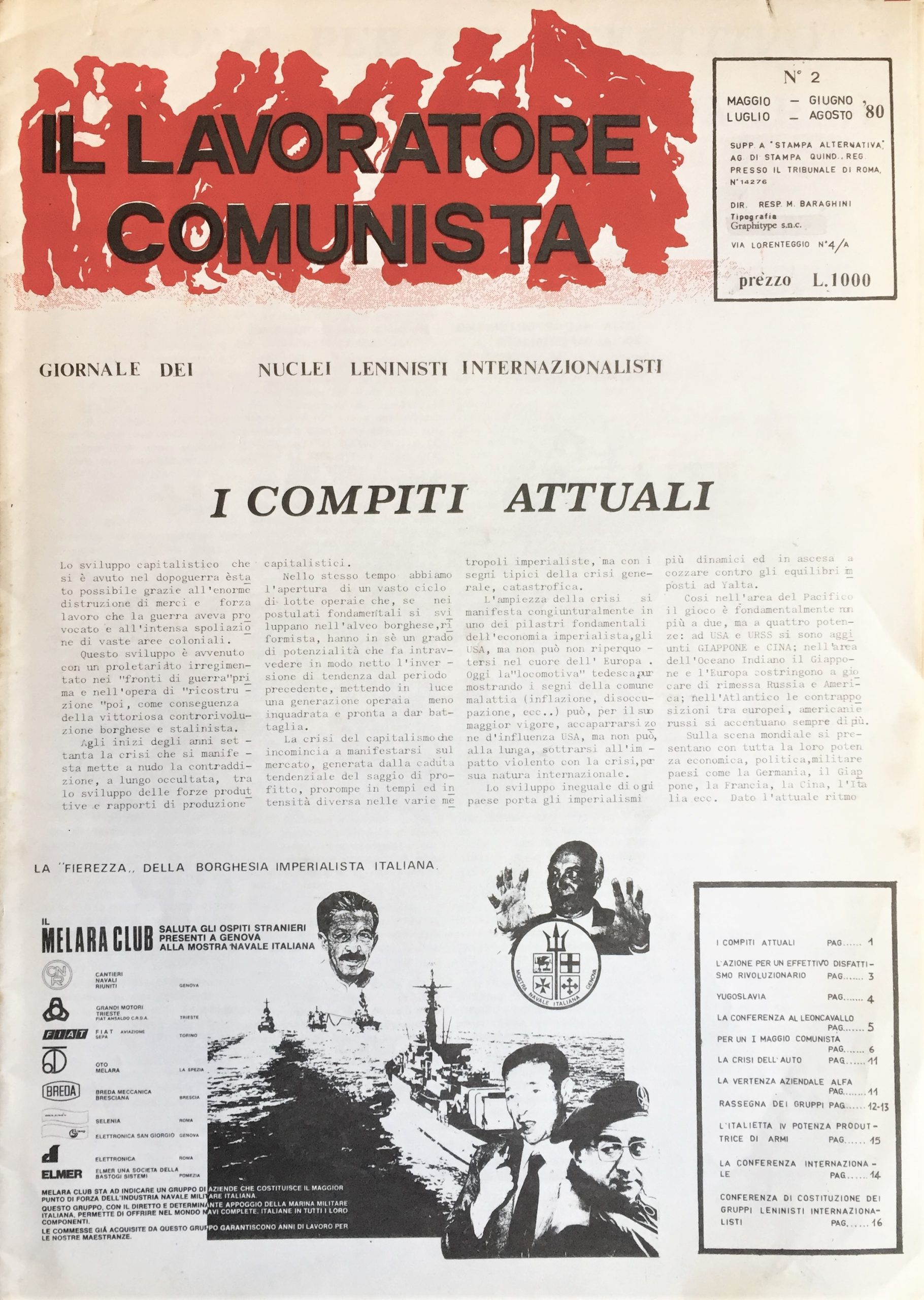 Il lavoratore comunista. Giornale dei nuclei leninisti internazionalisti. Maggio-Giugno Luglio-Agosto …