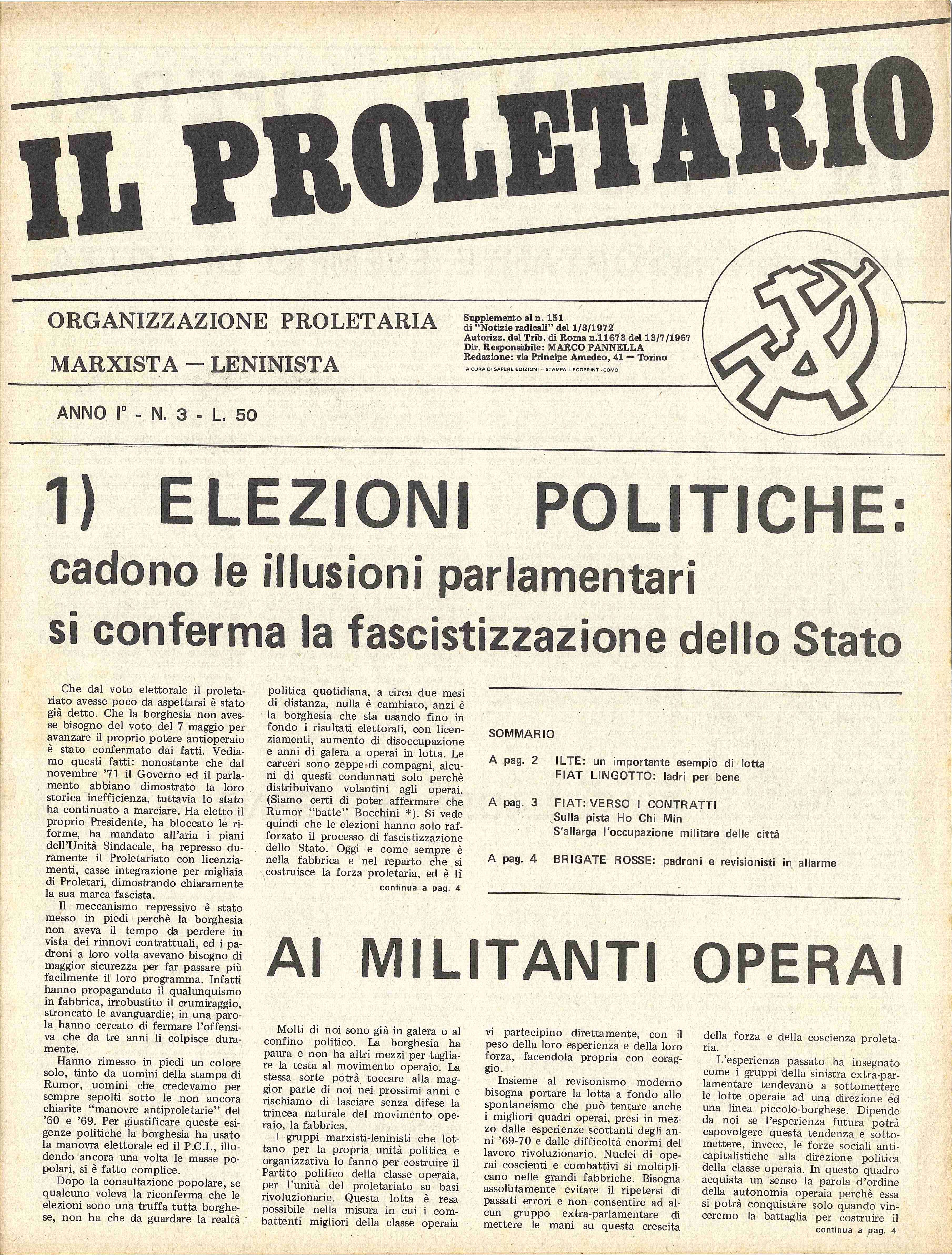 (Il) proletario. Anno I – N 3