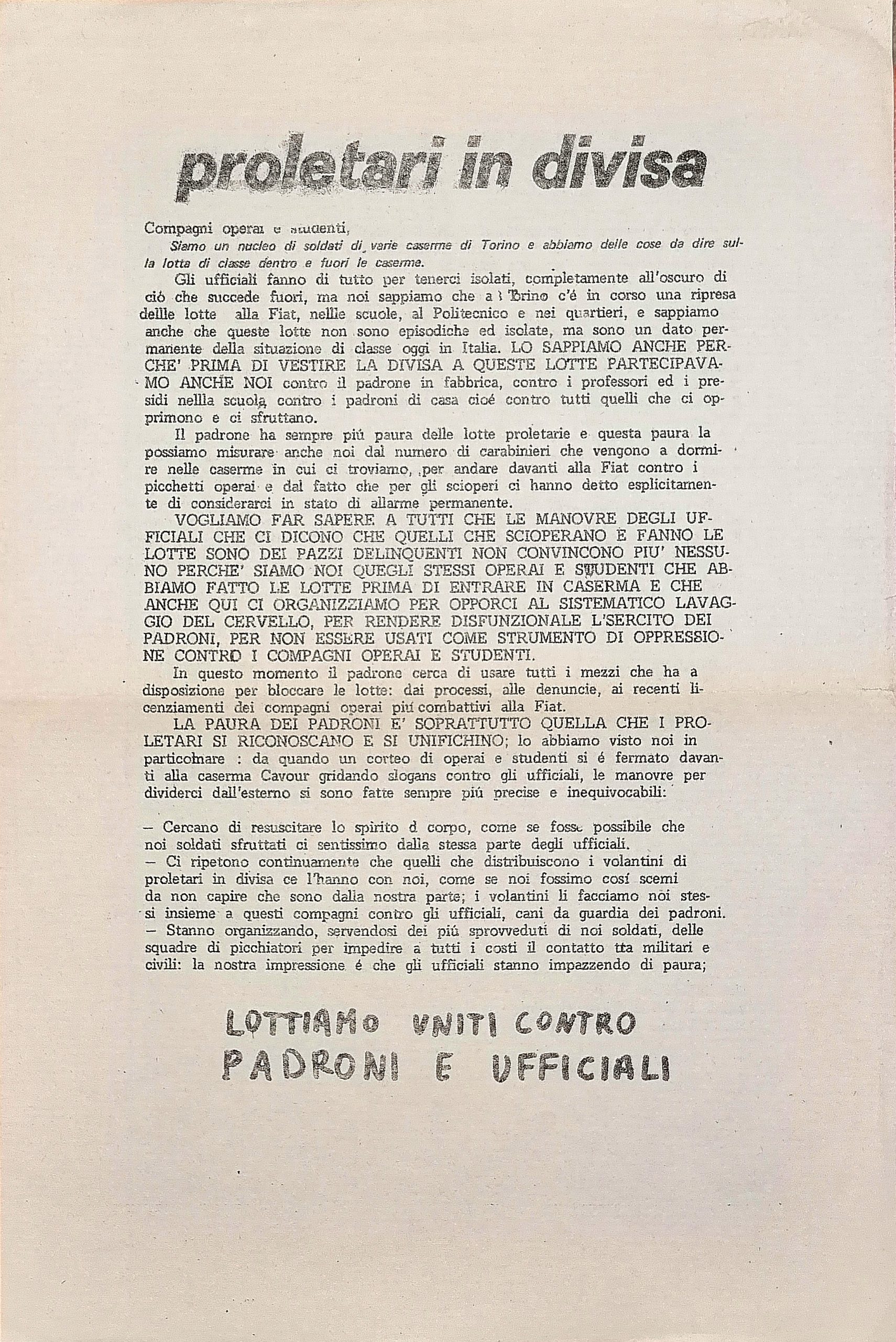 Lottiamo uniti contro padroni e ufficiali. Volantino