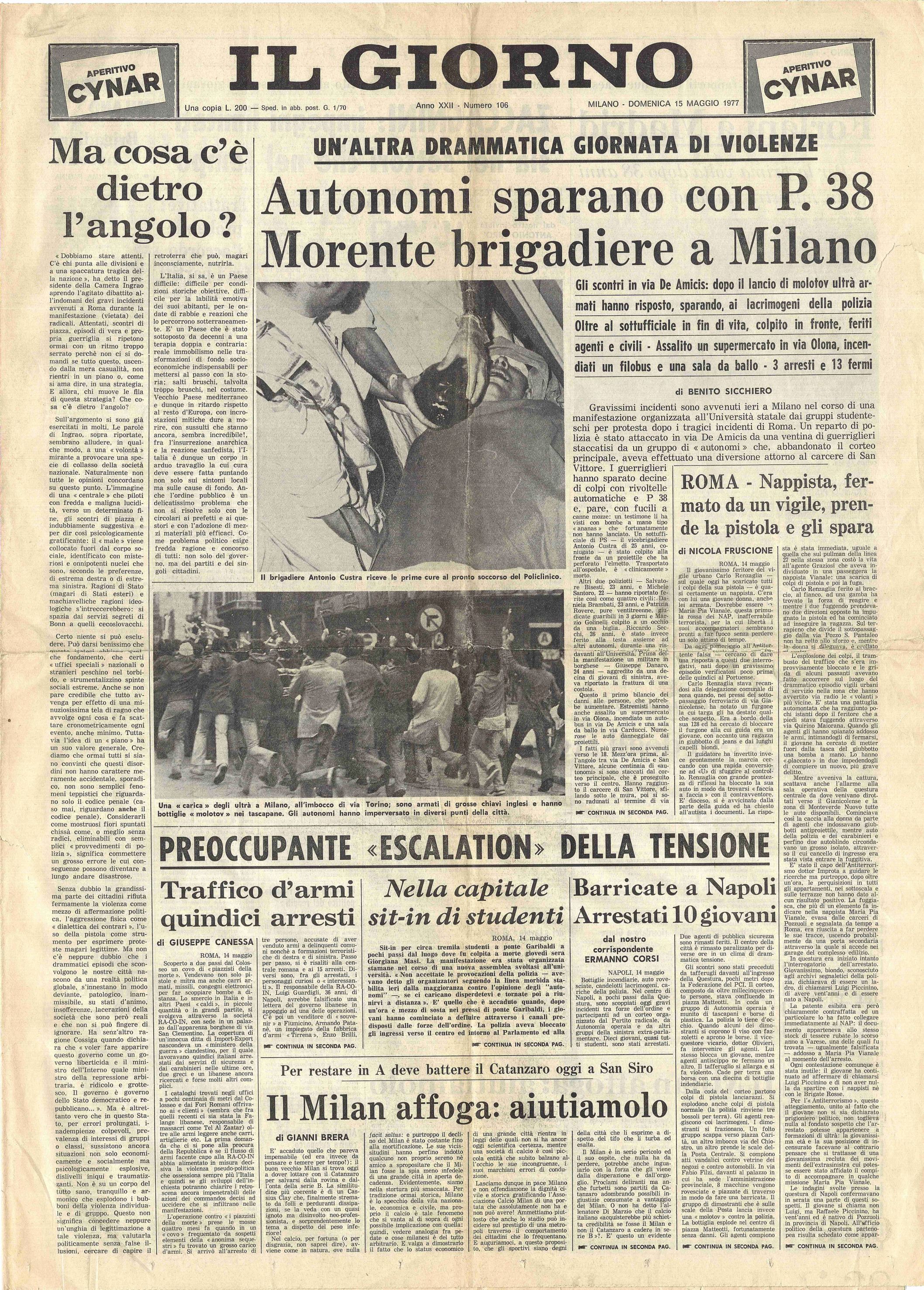 (Omicidio Custra) "Autonomi sparano con P. 38. Morente brigadiere a …