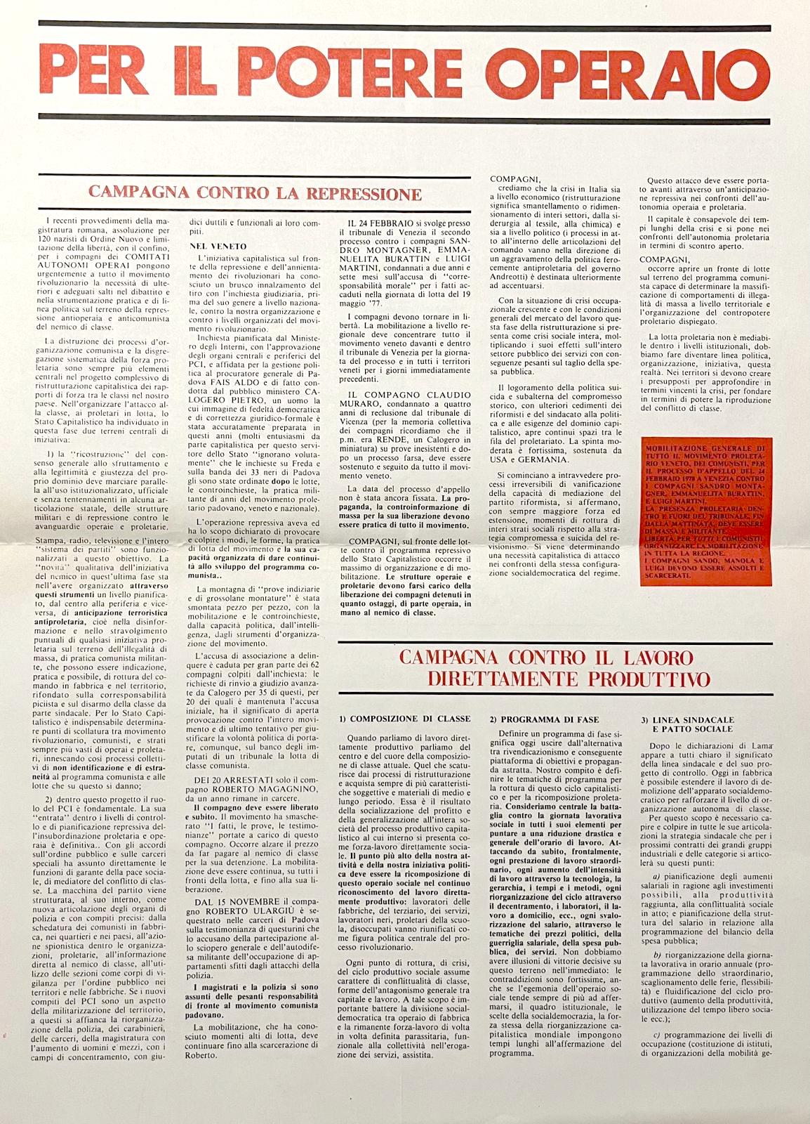 Per il potere operaio. Volantone