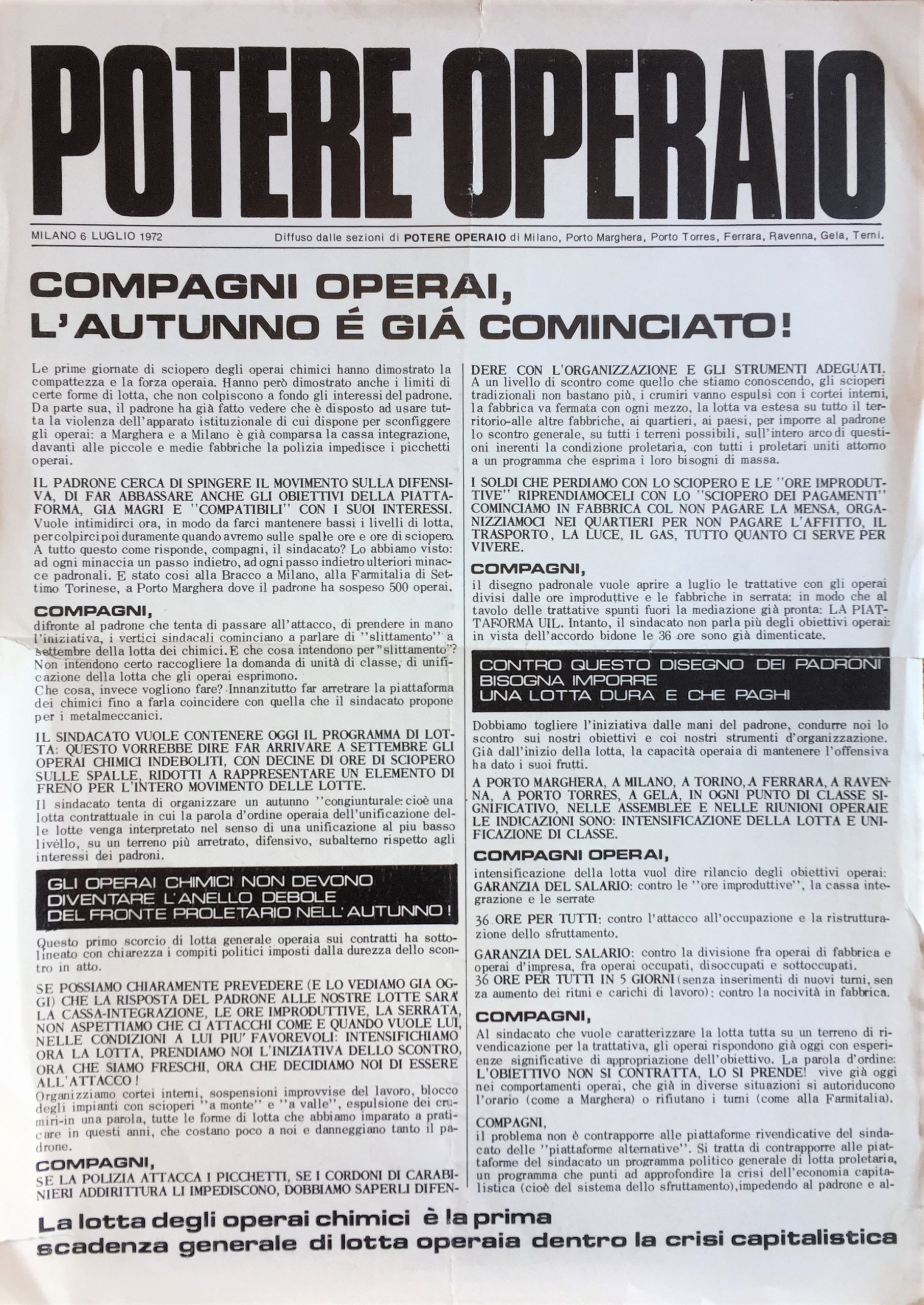Potere Operaio. 6 luglio 1972