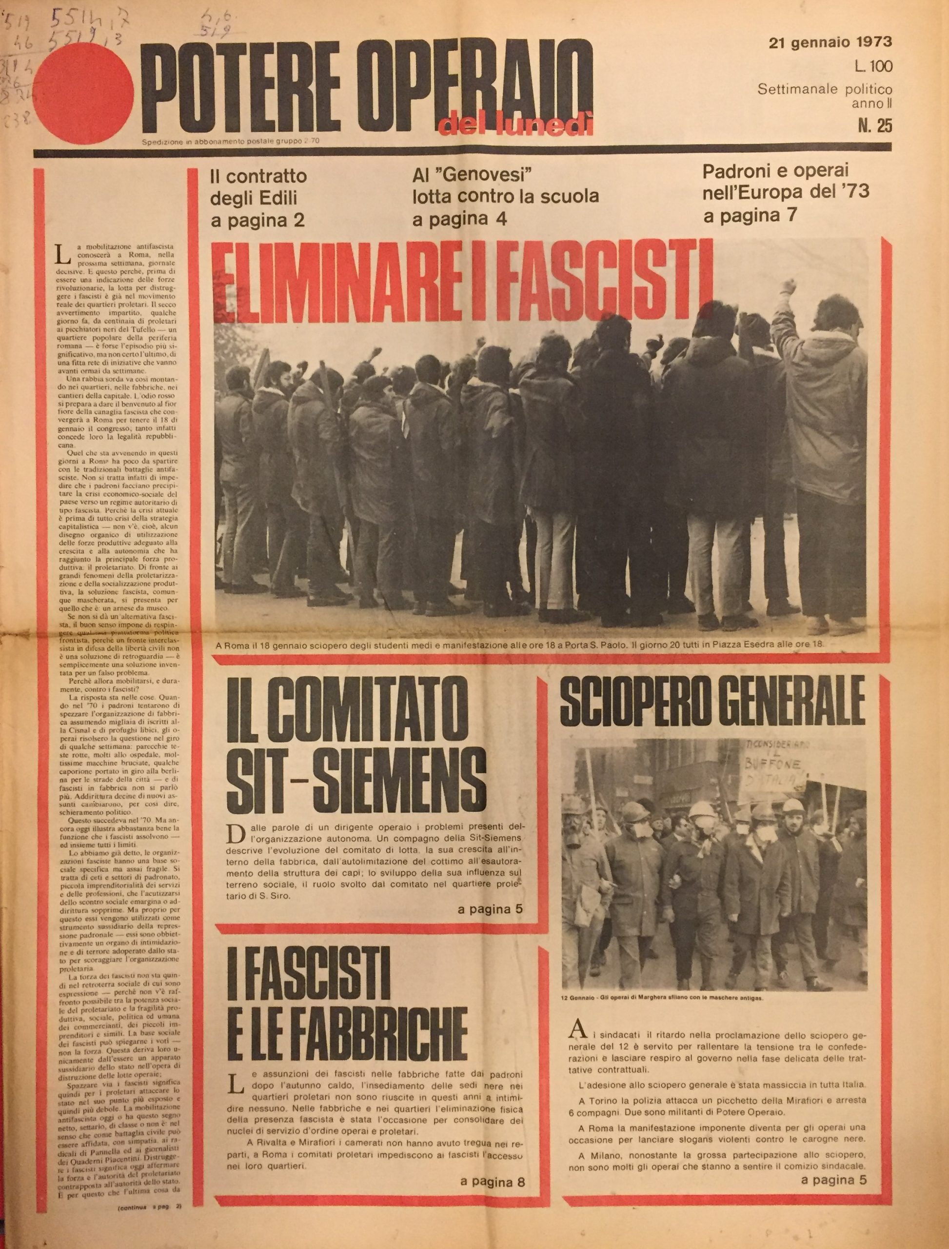 Potere Operaio del Lunedì. Settimanale politico. Anno II. No. 25. …