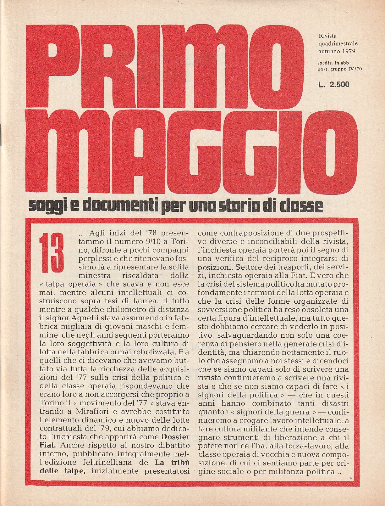 Primo Maggio. Saggi e documenti per una storia di classe. …