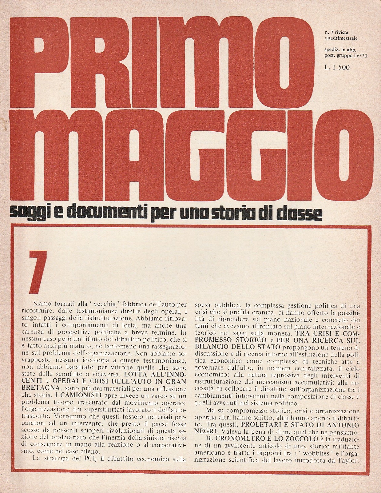 Primo Maggio. Saggi e documenti per una storia di classe. …