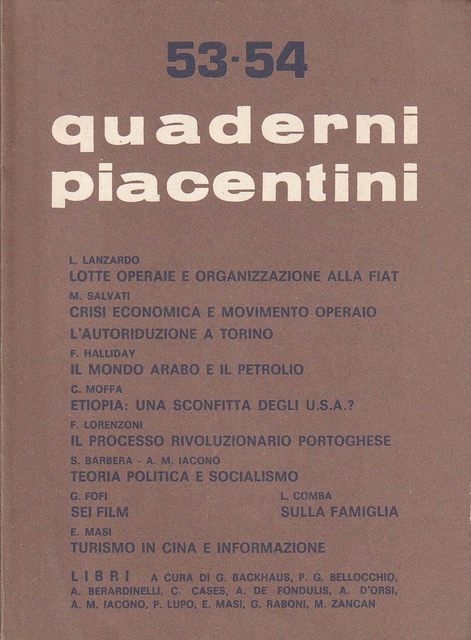 Quaderni Piacentini. Anno XIII. No. 53-54. Dicembre 1974