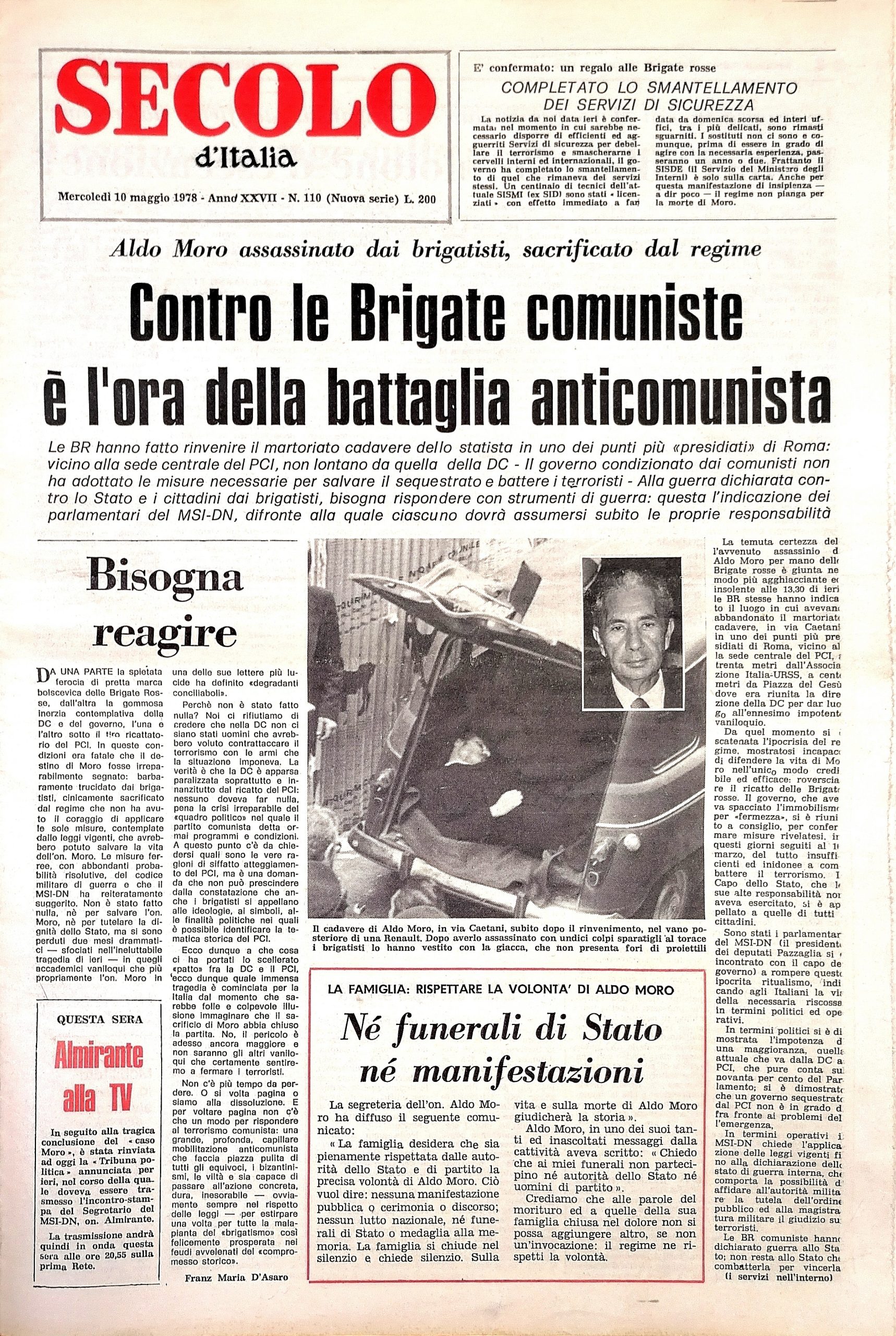 Secolo d'Italia. Mercoledì 10 maggio 1978. Anno XXVII, N. 110 …