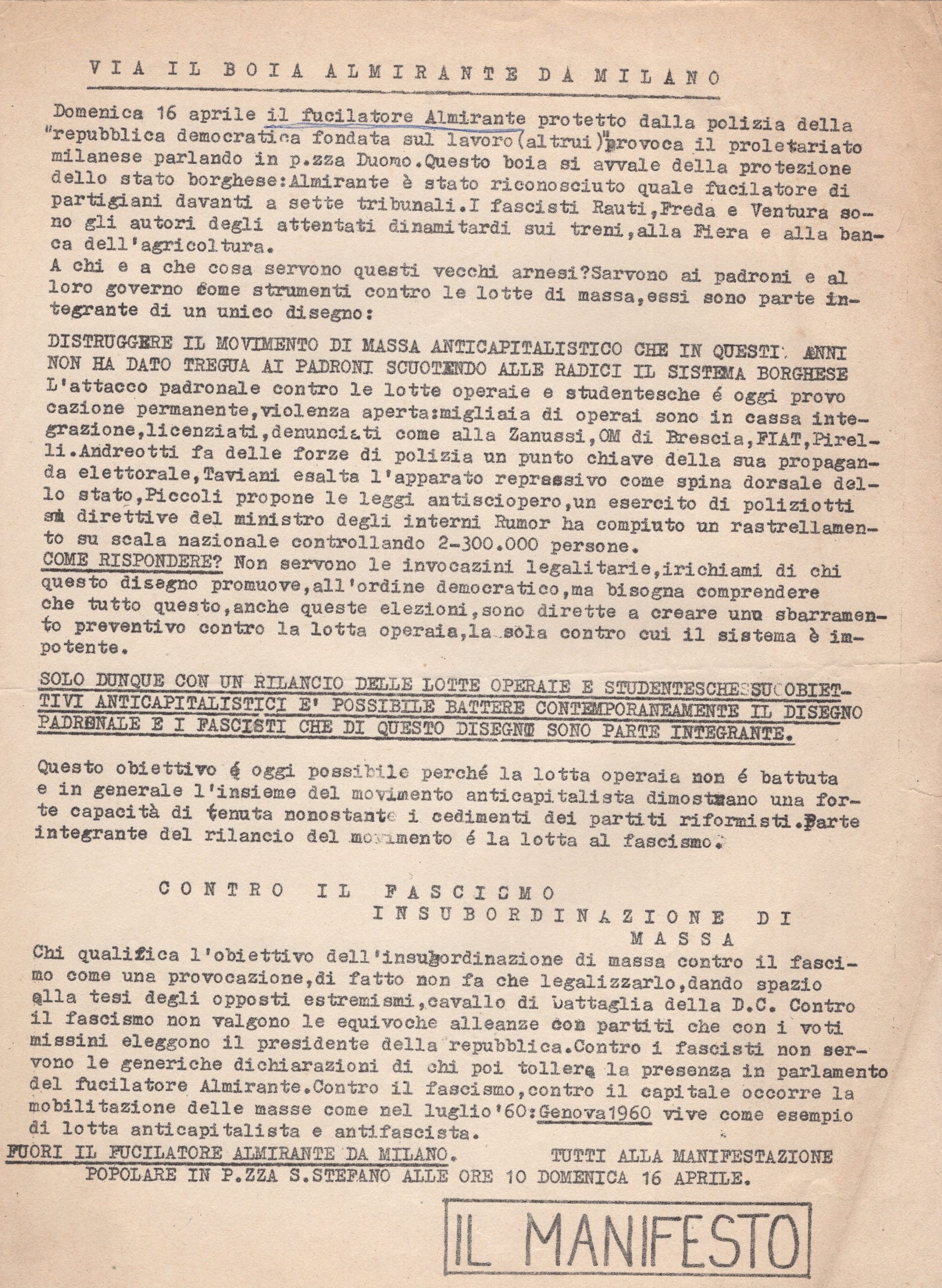 Via il boia Almirante da Milano. Volantino