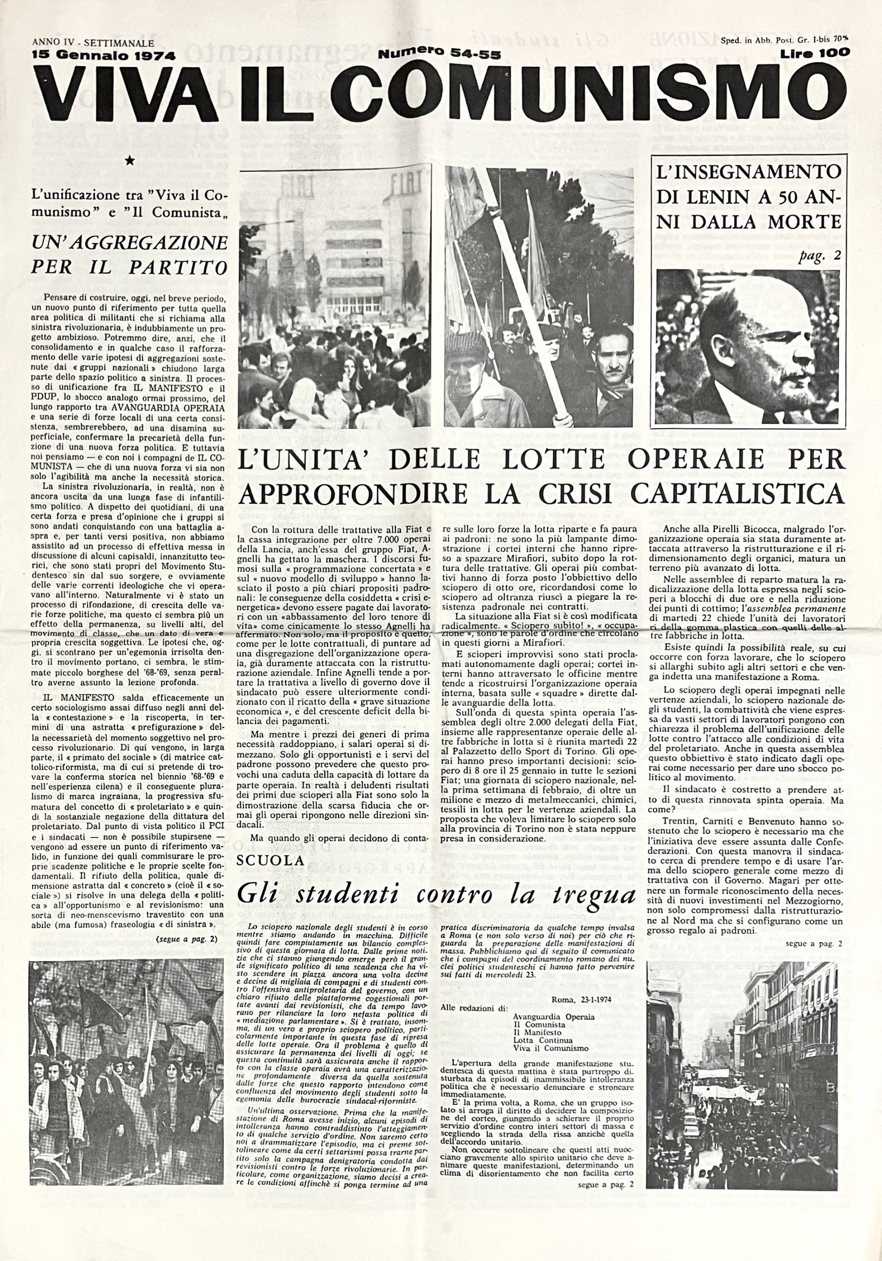 Viva il comunismo. Anno IV Numero 54-55. 15 Gennaio 1974