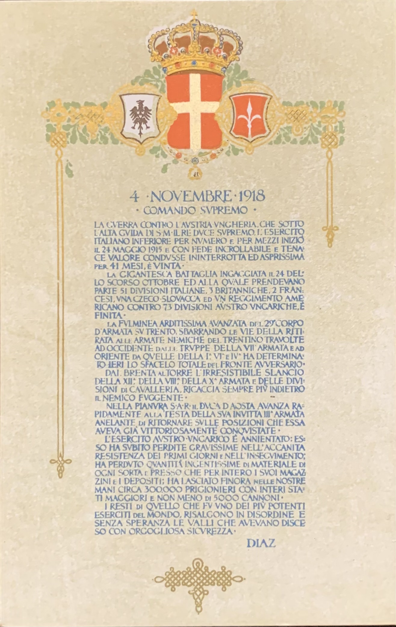 Prima Guerra Mondiale. Bollettino della Vittoria del Generale Diaz 1918