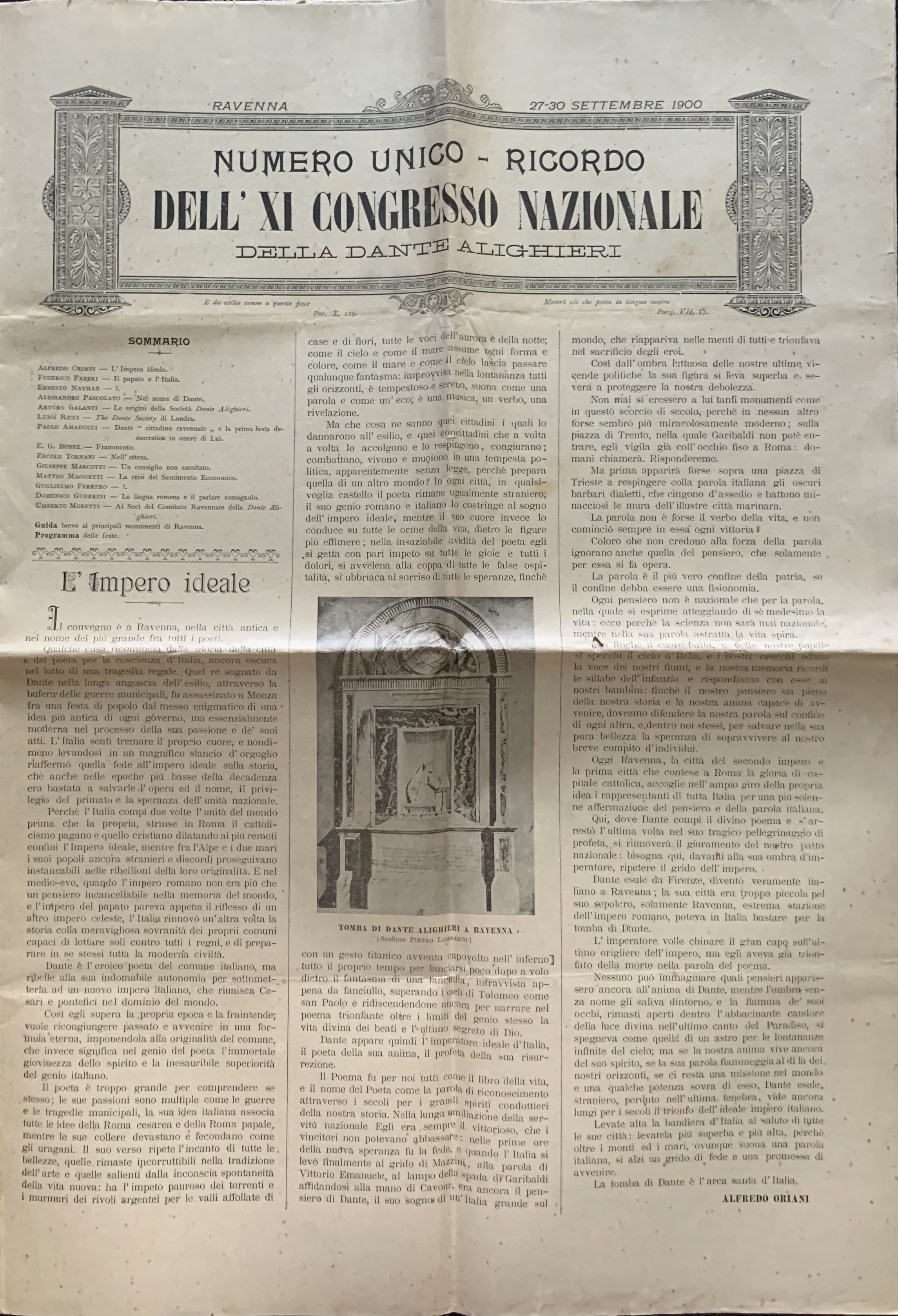 Ricordo dell'XI Congresso Nazionale della Dante Alighieri. Numero unico