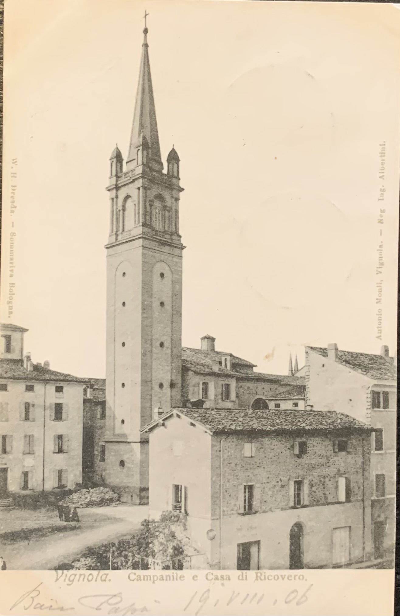 Vignola (Modena). Campanile e Casa di Ricovero 1906