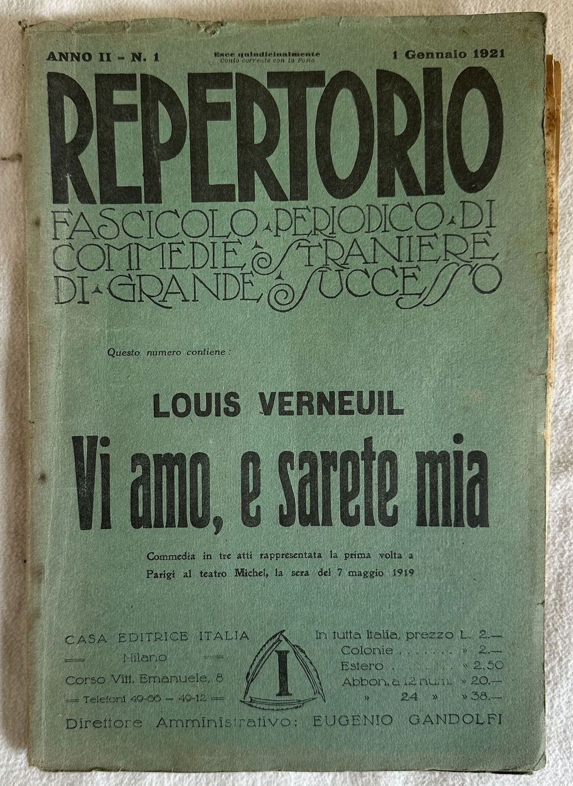 1 GENNAIO 1921 REPERTORIO FASCICOLO PERIODICO DI COMMEDIE STRANIERE DI …