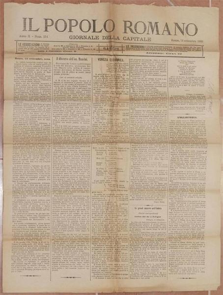IL POPOLO ROMANO GIORNALE DELLA CAPITALE ROMA, 14 SETTEMBRE 1882