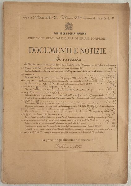 MINISTERO DELLA MARINA DOCUMENTI E NOTIZIE FEBBRAIO 1883